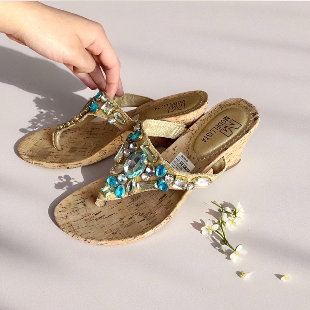 American Vintage Gold Sandals with Blue Embellishments